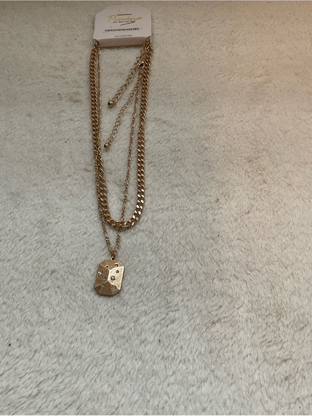 Gold Multi-Layer Pendant Necklace with Textured Tag - Women Jewelry